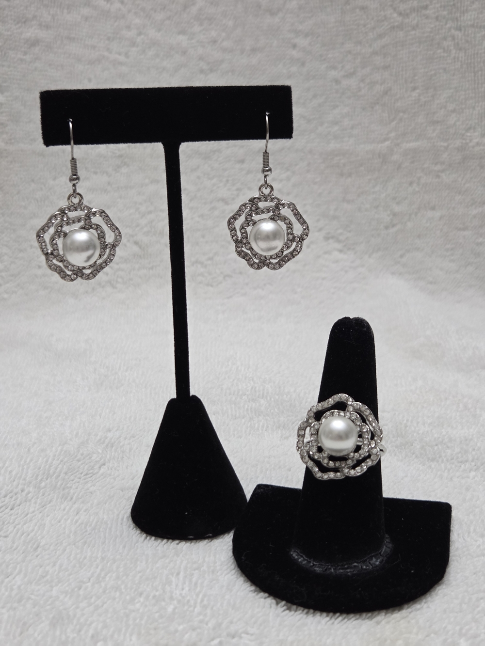 Simulated White Pearl & Clear Austrian Crystal Rose Earrings and Ring Set